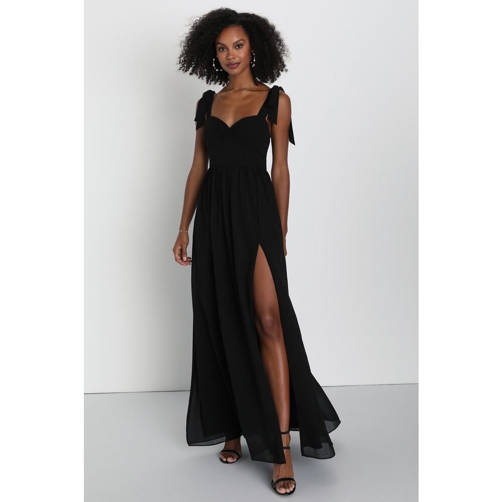 Lulu's Black Maxi Dress with Side Slit and Tie Straps